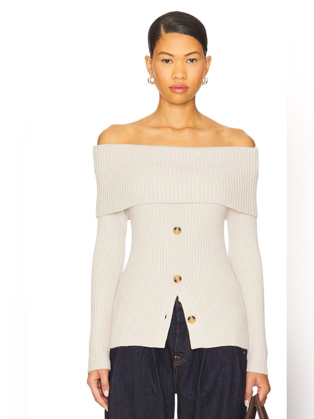 Blank NYC Cream Off-the-Shoulder Ribbed Button Sweater sz Large